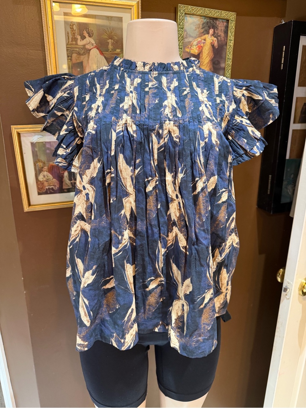 Navy Floral Ruffle-Sleeve Women's Blouse